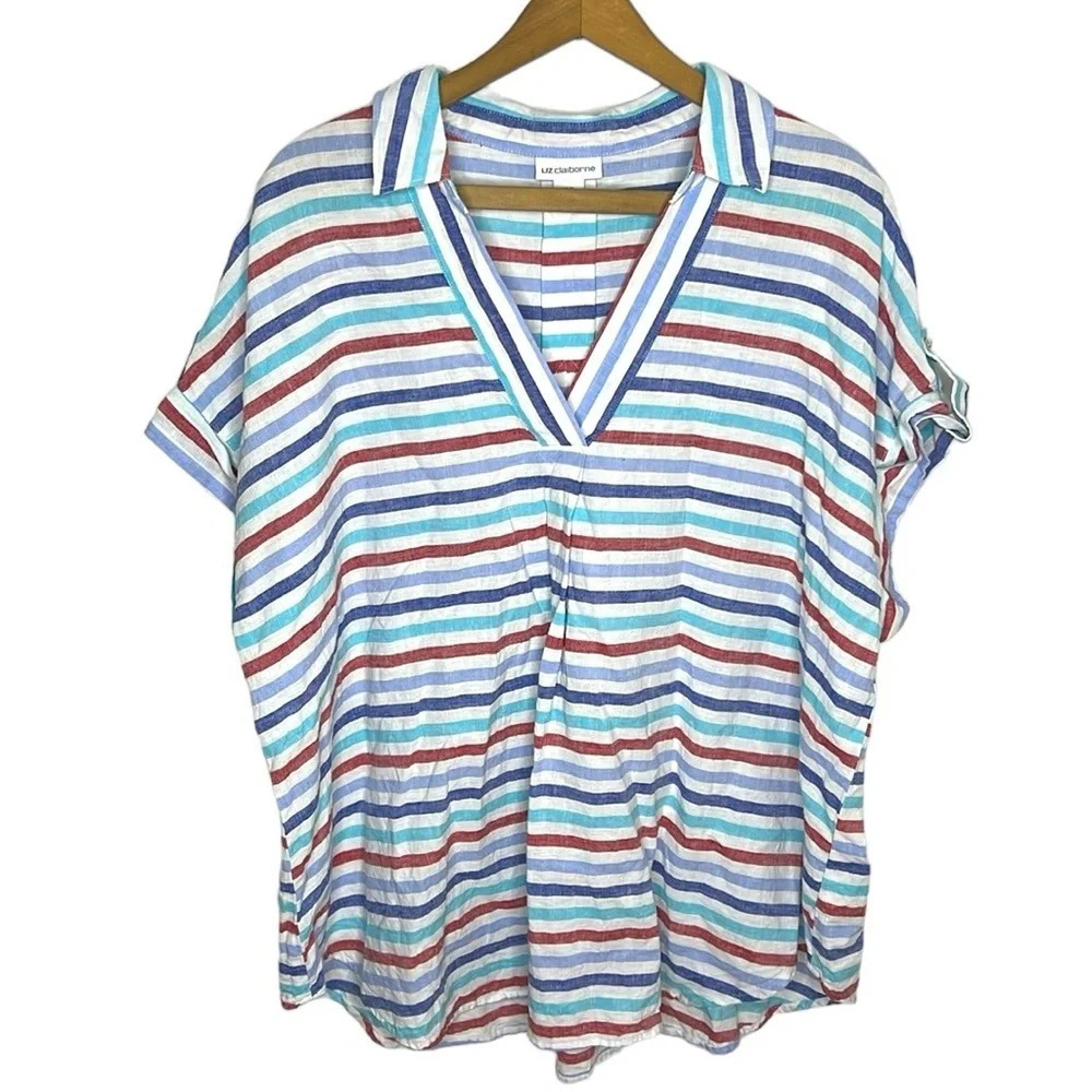 Liz Claiborne Linen Blend Striped V Neck Blouse Plus Size XXL